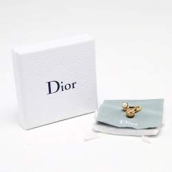 Pre Owned Dior Cannage Faux Pearl Crystal Gold Tone Open Ring S