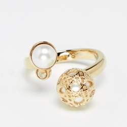 Pre Owned Dior Cannage Faux Pearl Crystal Gold Tone Open Ring S