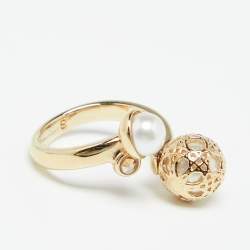 Pre Owned Dior Cannage Faux Pearl Crystal Gold Tone Open Ring S