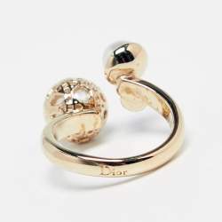 Pre Owned Dior Cannage Faux Pearl Crystal Gold Tone Open Ring S