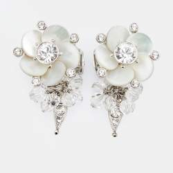 Pre Owned Dior Crystal Beaded Flower Silver Tone Metal Clip On Earrings and Cocktail Ring Set