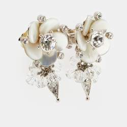 Pre Owned Dior Crystal Beaded Flower Silver Tone Metal Clip On Earrings and Cocktail Ring Set