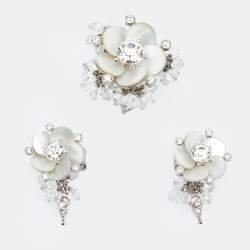 Pre Owned Dior Crystal Beaded Flower Silver Tone Metal Clip On Earrings and Cocktail Ring Set