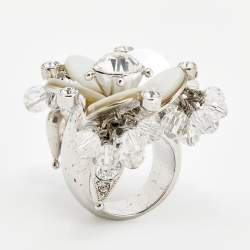 Pre Owned Dior Crystal Beaded Flower Silver Tone Metal Clip On Earrings and Cocktail Ring Set