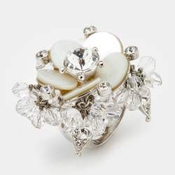 Pre Owned Dior Crystal Beaded Flower Silver Tone Metal Clip On Earrings and Cocktail Ring Set