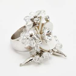 Pre Owned Dior Crystal Beaded Flower Silver Tone Metal Clip On Earrings and Cocktail Ring Set