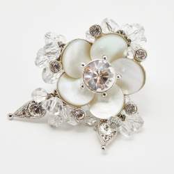 Pre Owned Dior Crystal Beaded Flower Silver Tone Metal Clip On Earrings and Cocktail Ring Set