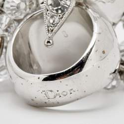 Pre Owned Dior Crystal Beaded Flower Silver Tone Metal Clip On Earrings and Cocktail Ring Set