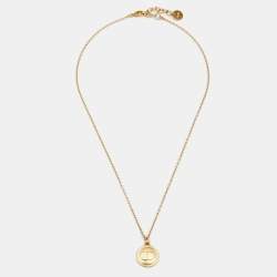 Pre Owned Dior Gold Tone Logo Embossed Round Pendant Necklace