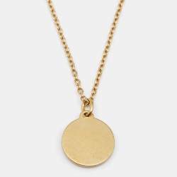 Pre Owned Dior Gold Tone Logo Embossed Round Pendant Necklace