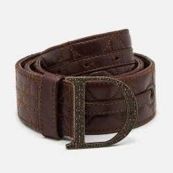 Pre Owned Dior Brown Cannage Leather Crystal Embellished D Buckle Belt 95CM
