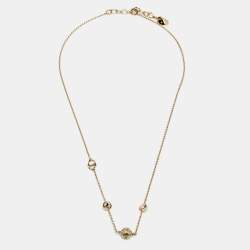Pre Owned Dior Gold Tone Secret Cannage Faux Pearl Crystal Station Necklace