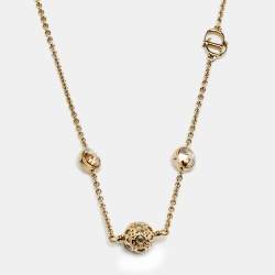 Pre Owned Dior Gold Tone Secret Cannage Faux Pearl Crystal Station Necklace