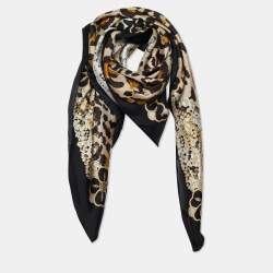Dior Beige & Black Animal Bejeweled Print Silk Scarf