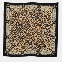 Dior Beige & Black Animal Bejeweled Print Silk Scarf