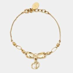 Dior Vintage Gold Tone Crystal Bow Charm Bracelet