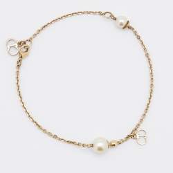 Pre Owned Dior Le Petite Tribale Faux Pearl Gold Tone Chain Bracelet