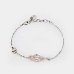 Pre Owned Dior Silver Tone Crystal Studded Rose Chain Necklace