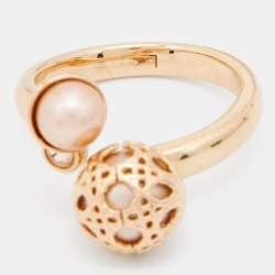 Pre Owned Dior Secret Cannage Faux Pearl Crystal Rose Gold Tone Open Ring Size 55