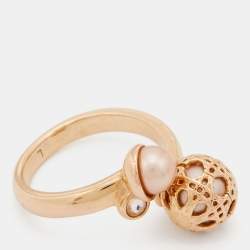 Pre Owned Dior Secret Cannage Faux Pearl Crystal Rose Gold Tone Open Ring Size 55