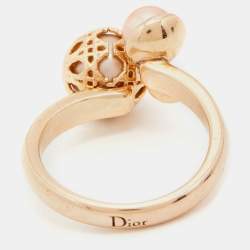 Pre Owned Dior Secret Cannage Faux Pearl Crystal Rose Gold Tone Open Ring Size 55