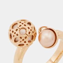 Pre Owned Dior Secret Cannage Faux Pearl Crystal Rose Gold Tone Open Ring Size 55