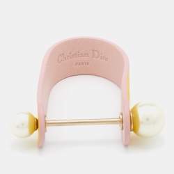 Pre Owned Dior Yellow Leather & Faux Pearl Perle Cuff Bracelet M