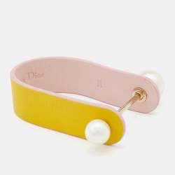 Pre Owned Dior Yellow Leather & Faux Pearl Perle Cuff Bracelet M