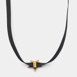 Pre Owned Dior Aged Gold Tone Black Ribbon Star Choker Necklace