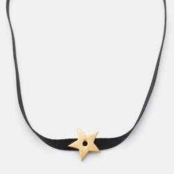 Pre Owned Dior Aged Gold Tone Black Ribbon Star Choker Necklace