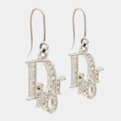Pre Owned Dior Silver Tone Crystal Logo Earrings & Pendant Necklace