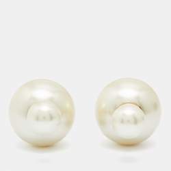 Dior Tribales Cream Faux Pearl Gold Tone Stud Earrings