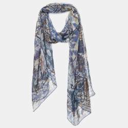 Pre Owned Christian Dior Blue Floral Printed Silk Scarf
