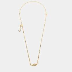 Pre Owned Dior Petit CD Crystal Charm Gold Tone Station Necklace