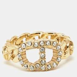 Pre Owned Dior Claire D Lune Crystals Gold Tone Ring Size M