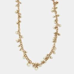 Pre Owned Dior Mise En Dior Faux Pearl Gold Tone Charm Chain Necklace