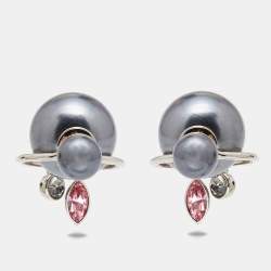 Pre Owned Dior Tribales Crystal Faux Pearl Silver Tone Earrings