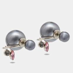 Pre Owned Dior Tribales Crystal Faux Pearl Silver Tone Earrings