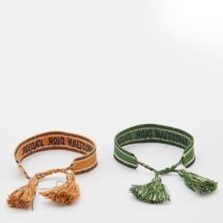 Dior J'adior Brown & Green Woven Cotton  Set Of Two Adjustable Tassel Bracelets