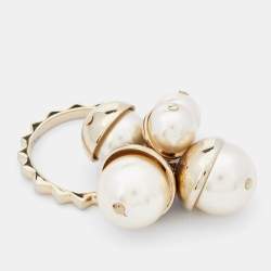 Pre Owned Dior Gold Tone Faux Pearl Charm Ring Size 56