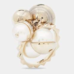 Pre Owned Dior Gold Tone Faux Pearl Charm Ring Size 56