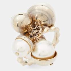Pre Owned Dior Gold Tone Faux Pearl Charm Ring Size 56