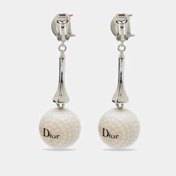 Dior Silver Tone Golf Ball Charm Clip On Drop Earrings
