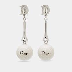 Dior Silver Tone Golf Ball Charm Clip On Drop Earrings