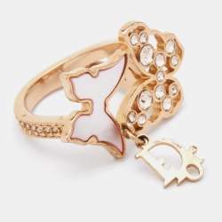 Pre Owned Dior Light Pink Mother of Pearl Butterfly Crystal Gold Tone Ring Size EU 49