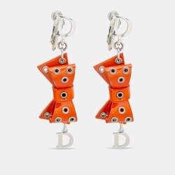 Dior Orange Bow Patent Leather Drop Earrings