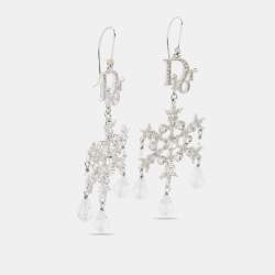 Pre Owned Dior Silver Tone Crystal Snowflake Drop Earrings