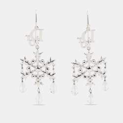 Pre Owned Dior Silver Tone Crystal Snowflake Drop Earrings