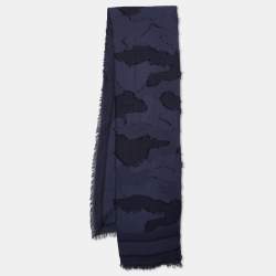 Dior Navy Blue Paint Pattern Cotton Fringed Shawl