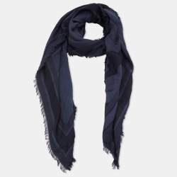 Dior Navy Blue Paint Pattern Cotton Fringed Shawl